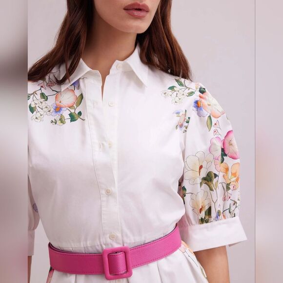 Anne Fontaine White Pink Midi Dress with Cuffed Sleeves - Picture 2 of 8